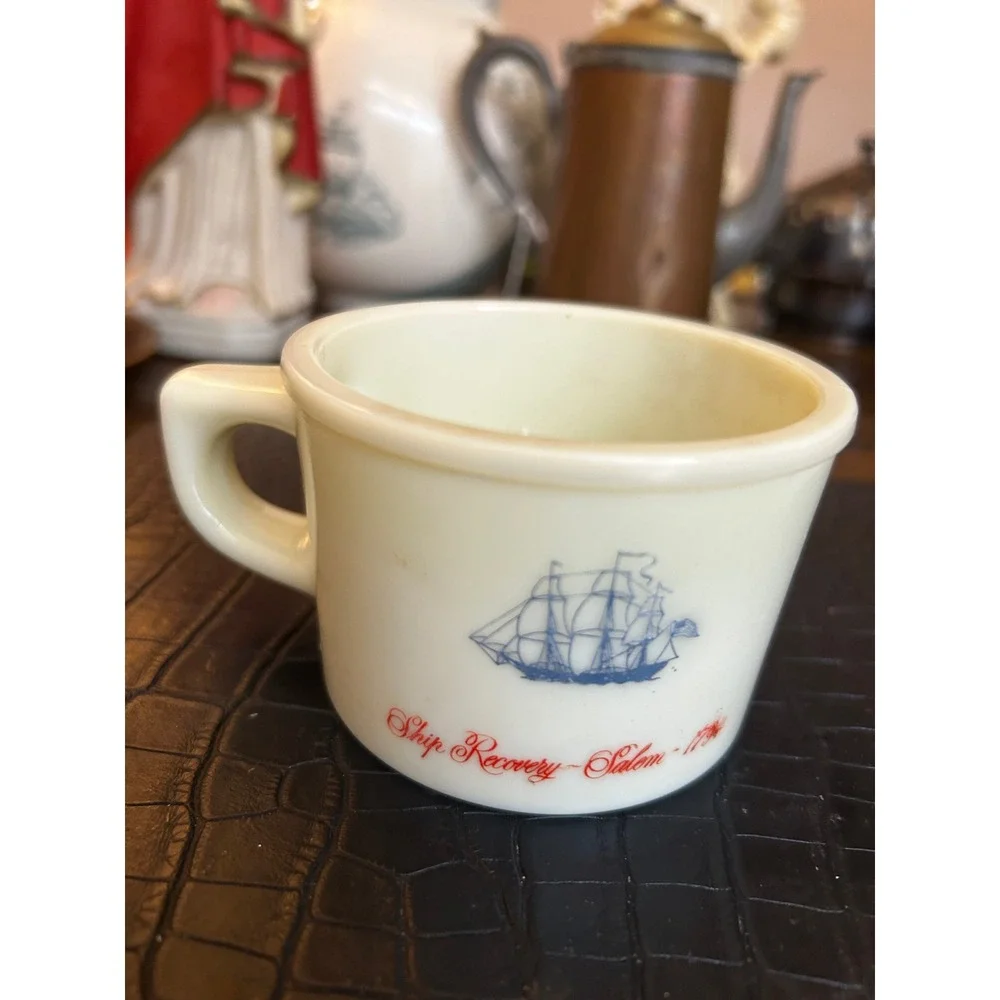 Vintage Old Spice Milk Glass Shaving Mug Ship Recovery Salem 1794 & Bottle Set